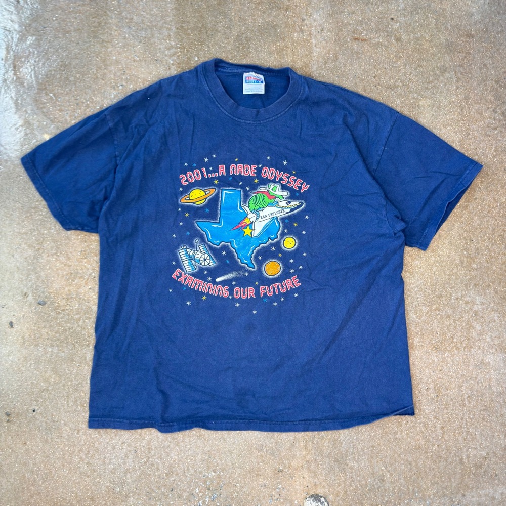 Vintage Hanes Beefy-T Texas Space Graphic Shirt Mens XL Navy Blue 2001 Odyssey